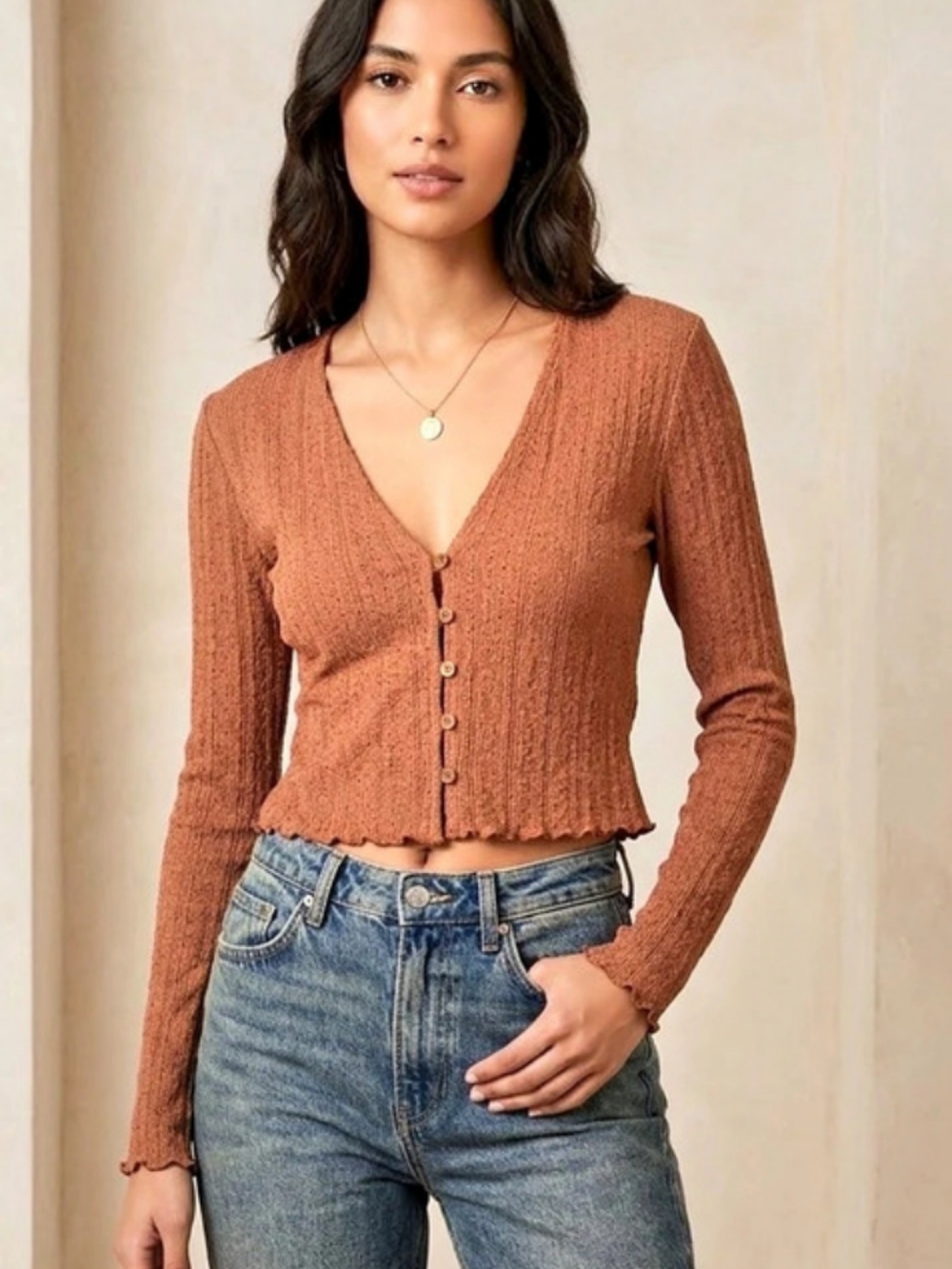 Zara Brown V-Neck Cardigan Size Small